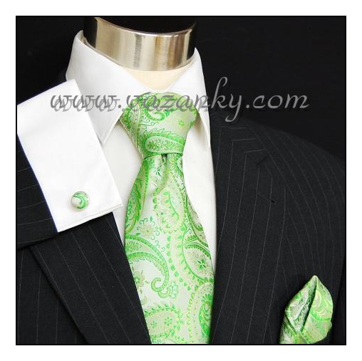 Kravata - vázanka Stříbrná se zeleným vzorem