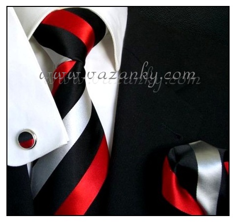 Kravata - vázanka Černá s červenými a stříbrnými pruhy