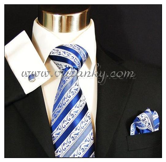 Kravata - vázanka Bílá s modrými proužky a vzory